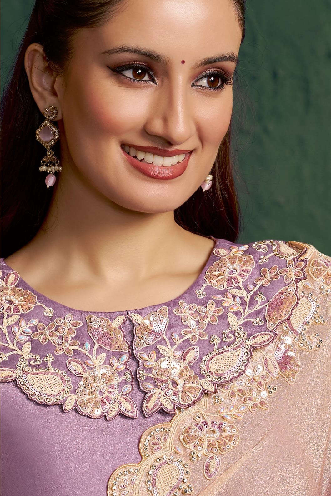 Lavender saree for engagement, upper-body closeup of the embroidery and diamond work detail