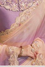 Lavender designer saree, waist-down view of the shaded georgette pleats and drape