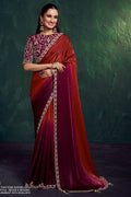 Maroon silk saree for wedding with bead and sequin embroidery work, full front view of the draped saree