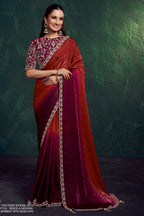 Maroon silk saree for wedding with bead and sequin embroidery work, full front view of the draped saree