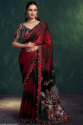 Red embroidered saree with bead and sequin work, full front view of the draped satin saree
