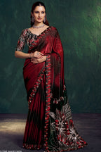 Red embroidered saree with bead and sequin work, full front view of the draped satin saree