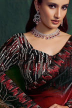 Red saree for wedding, upper-body closeup of the embellishment, bead and sequin work detail