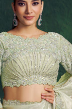 Mint green party wear saree, upper-body closeup of the pearl, diamond and sequin work detail