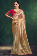 Champagne golden saree for party with motif and bead work, full front view of the kanjivaram zari tissue drape