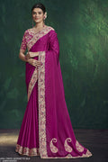 Magenta saree for party with sequin and handwork embroidery, full front view of the draped habotai silk saree