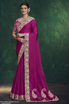 Magenta saree for party with sequin and handwork embroidery, full front view of the draped habotai silk saree