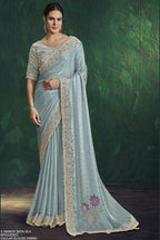 Pastel blue satin silk saree with sequin and handwork, full front view of the two-tone satin silk drape