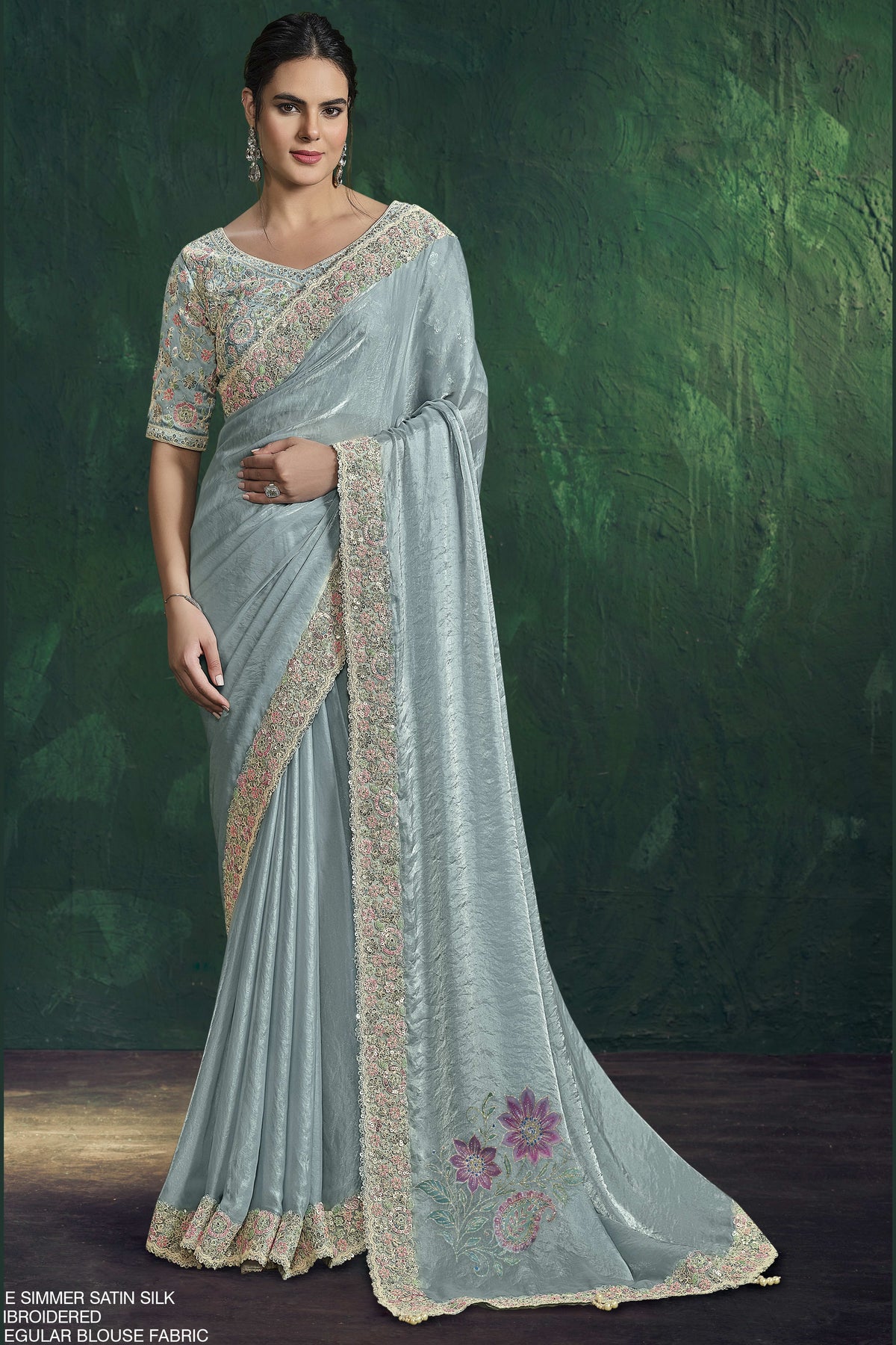 Pastel blue satin silk saree with sequin and handwork, full front view of the two-tone satin silk drape