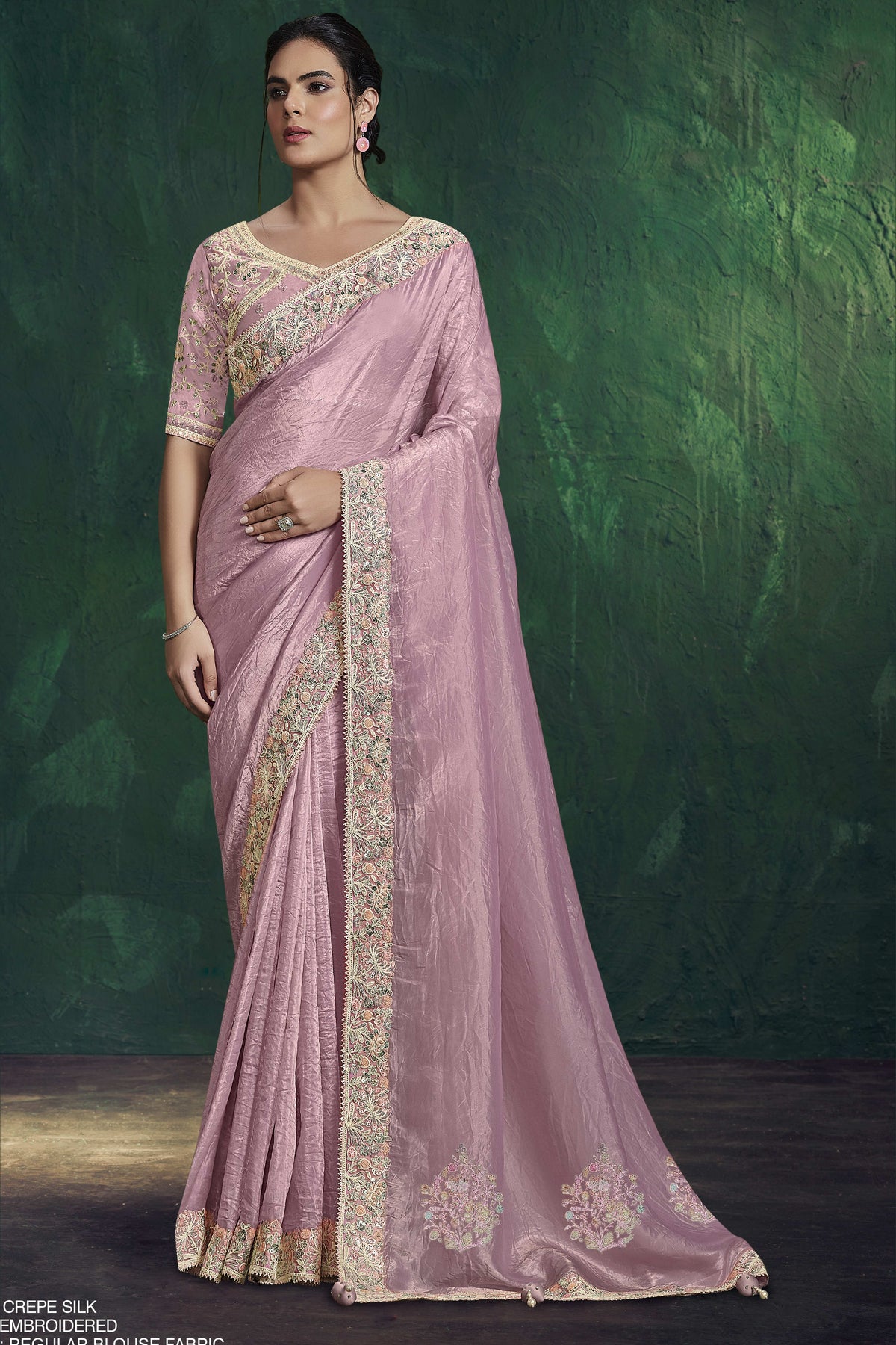 Baby pink saree for engagement with sequin and handwork, full front view of the crush paper silk drape