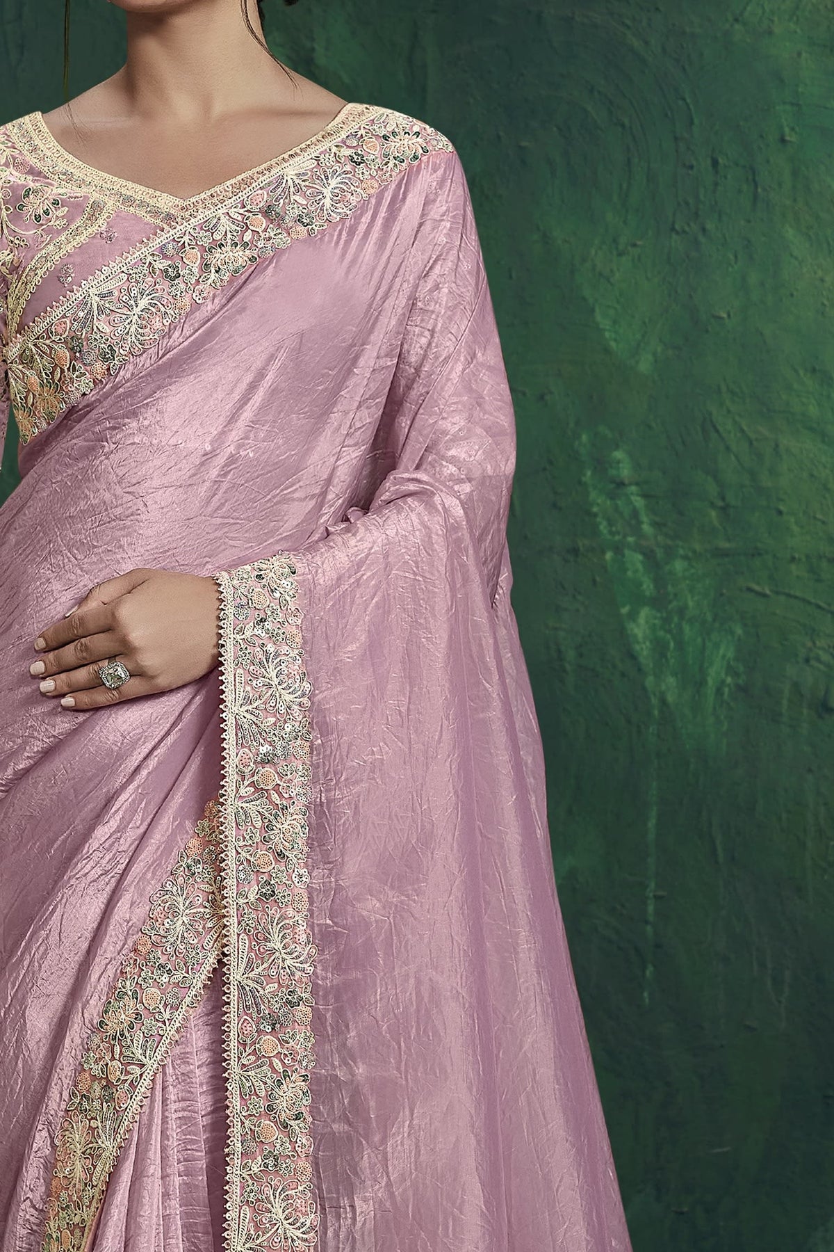 Baby pink embroidered saree, front view showing the embellished satin silk blouse and shimmering drape