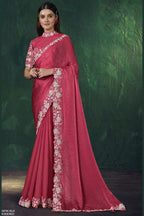 Reddish pink bandhgala saree for reception with sequin work, full front view of the two-tone satin silk drape