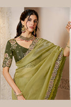 Olive Green sequin saree with sequin and stone handwork, front view showing the embellished blouse and detailed border