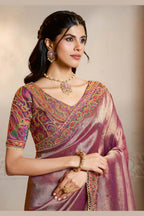 Muted Purple satin saree with print and embroidery handwork, front view showing the embellished blouse and detailed border