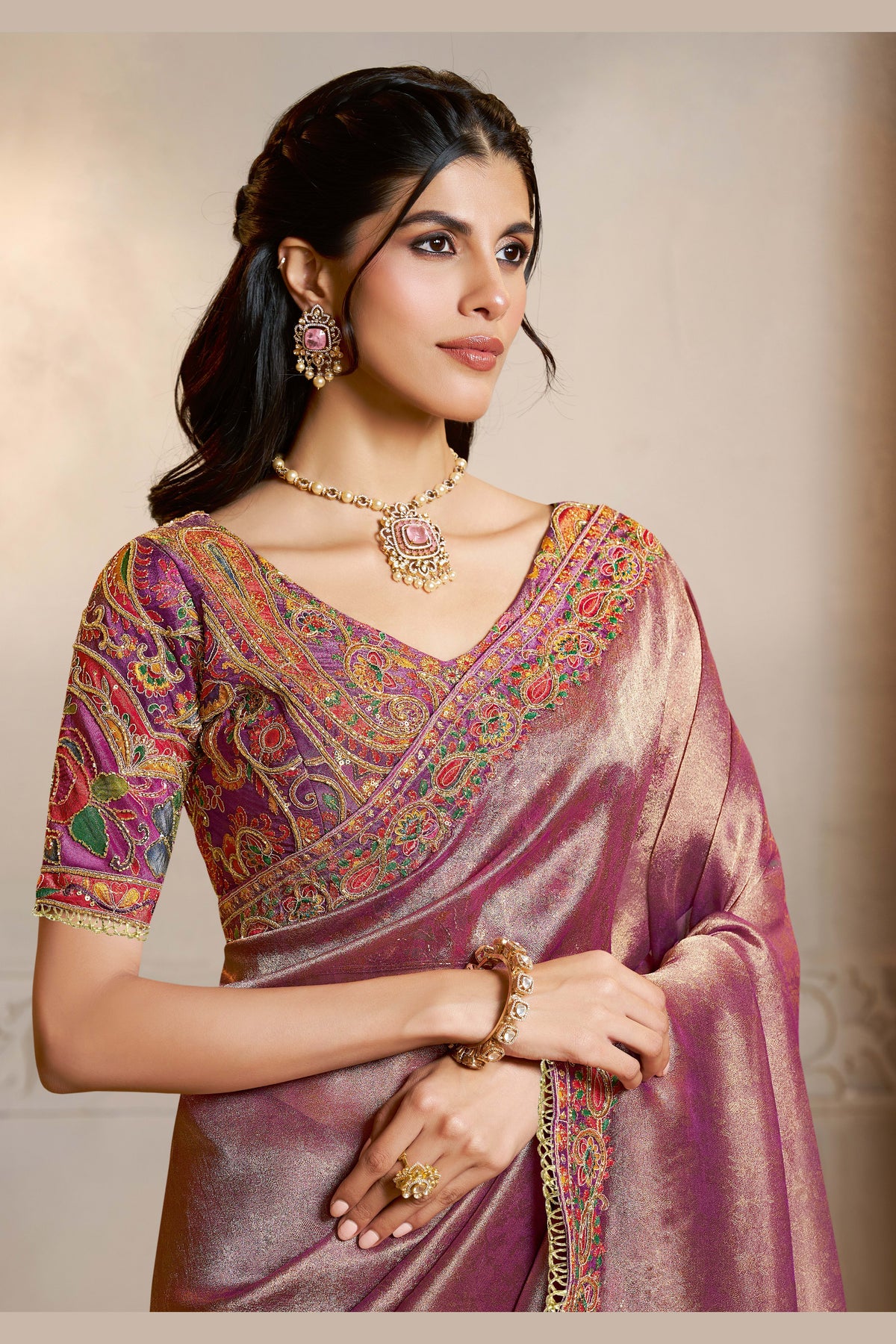 Muted Purple satin saree with print and embroidery handwork, front view showing the embellished blouse and detailed border