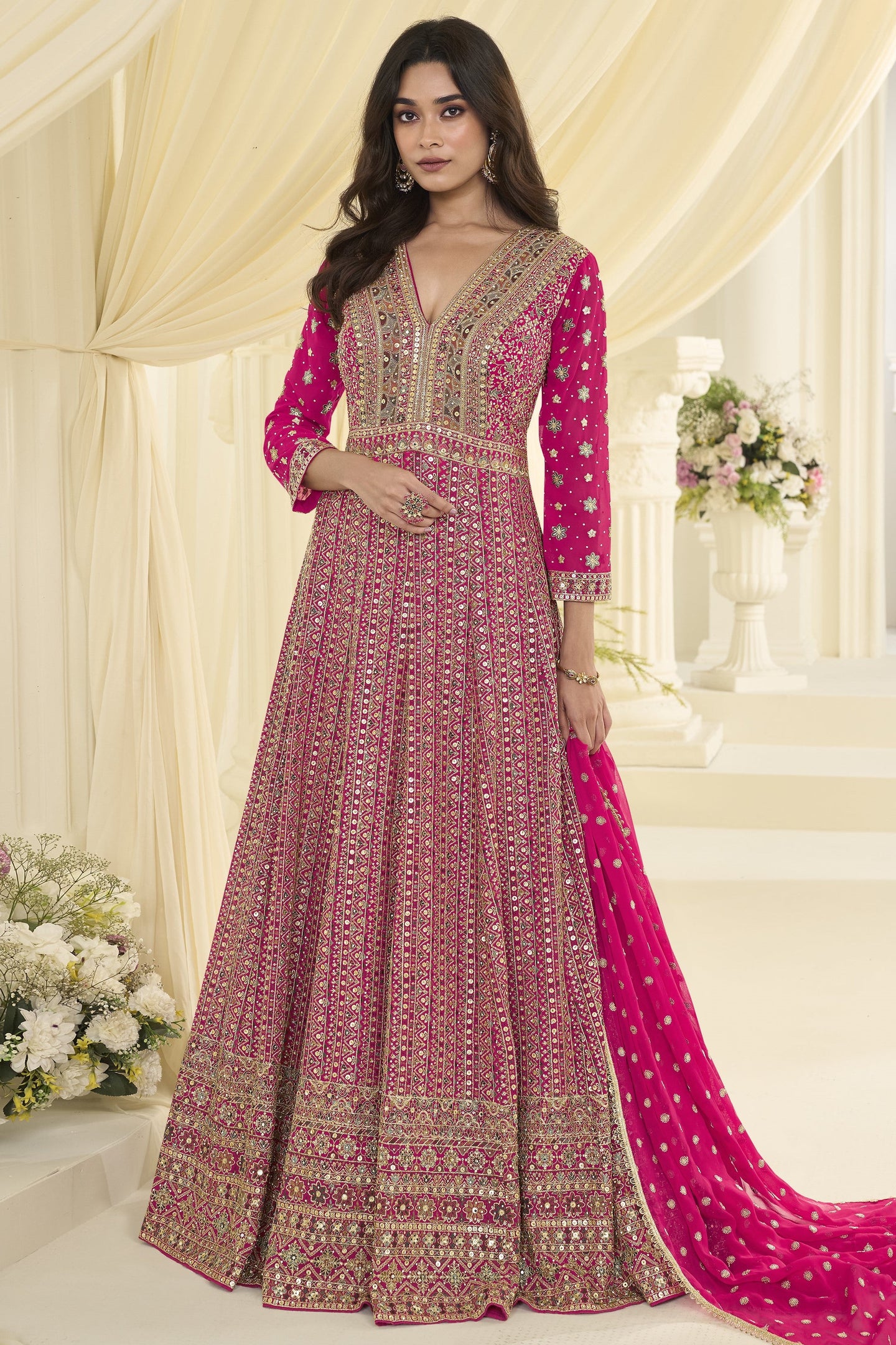 Magenta Georgette Anarkali Dress for Sangeet with Zari and Resham Embroidery