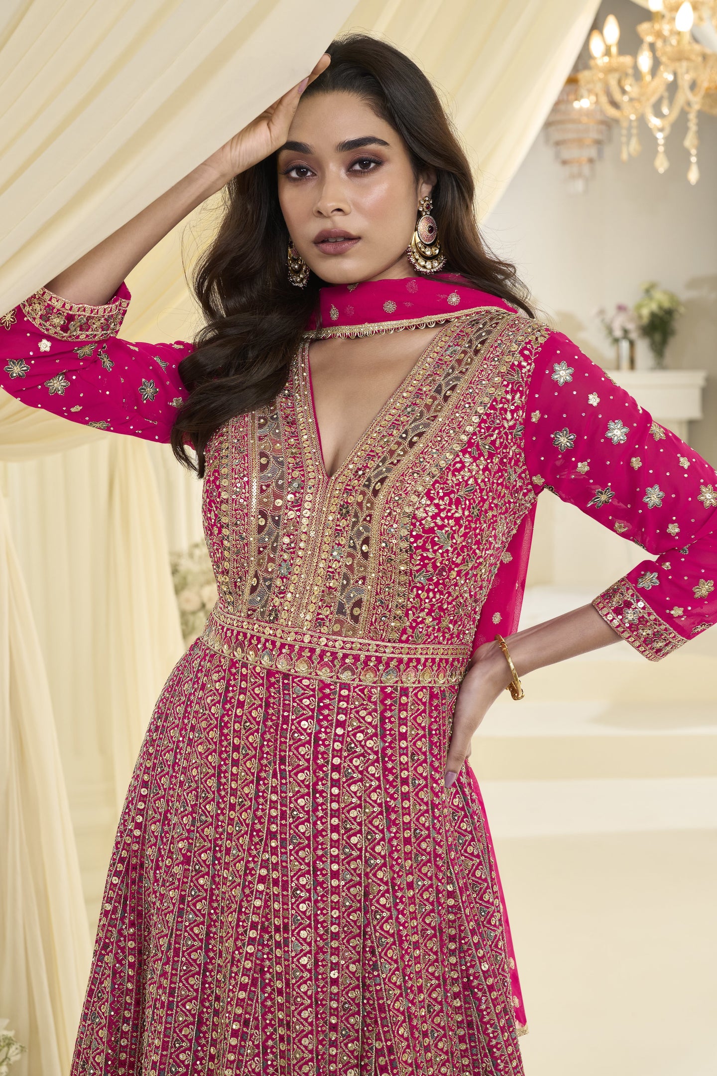 Magenta Georgette Anarkali Dress for Sangeet with Zari and Resham Embroidery