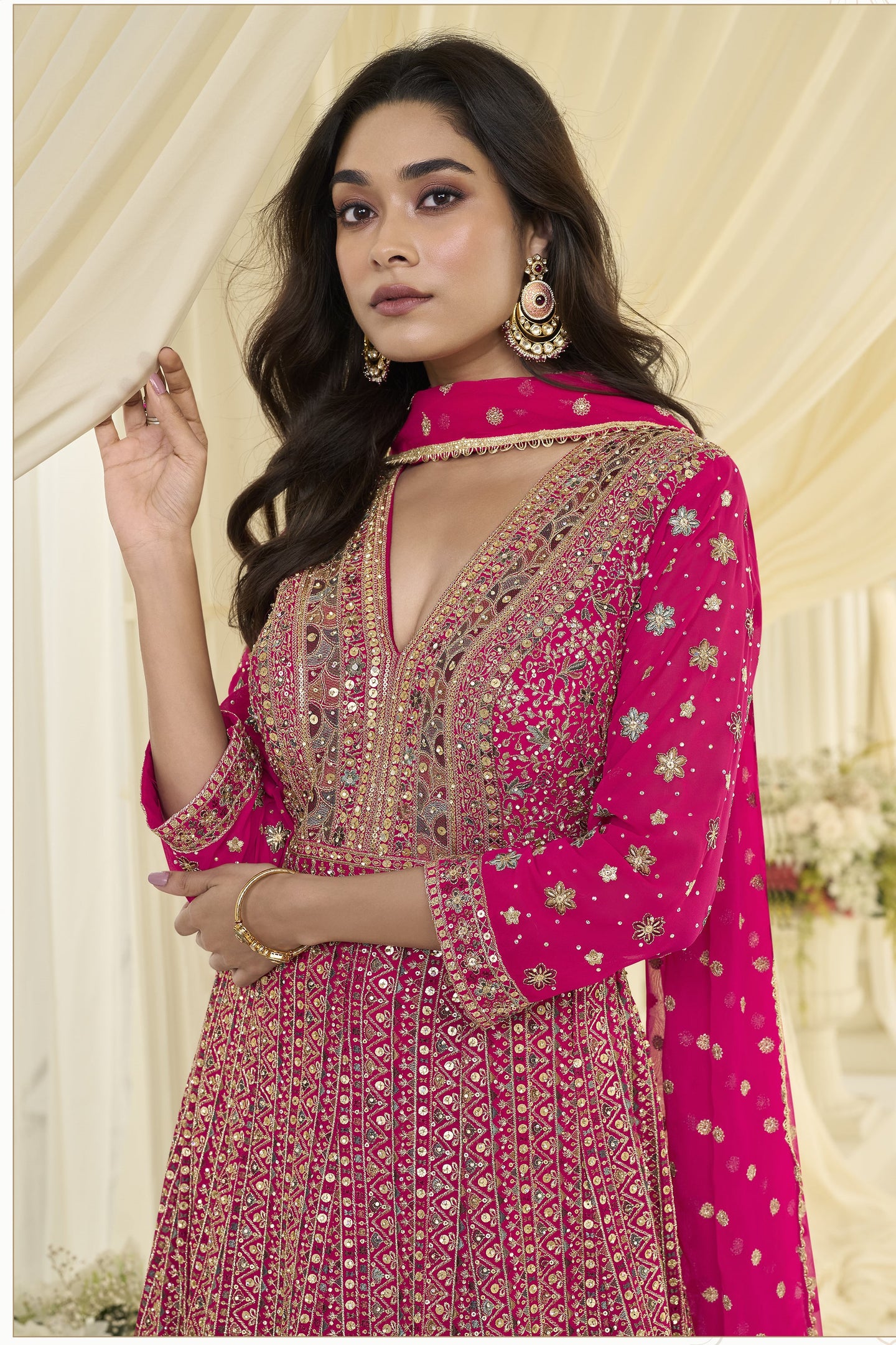 Magenta Georgette Anarkali Dress for Sangeet with Zari and Resham Embroidery