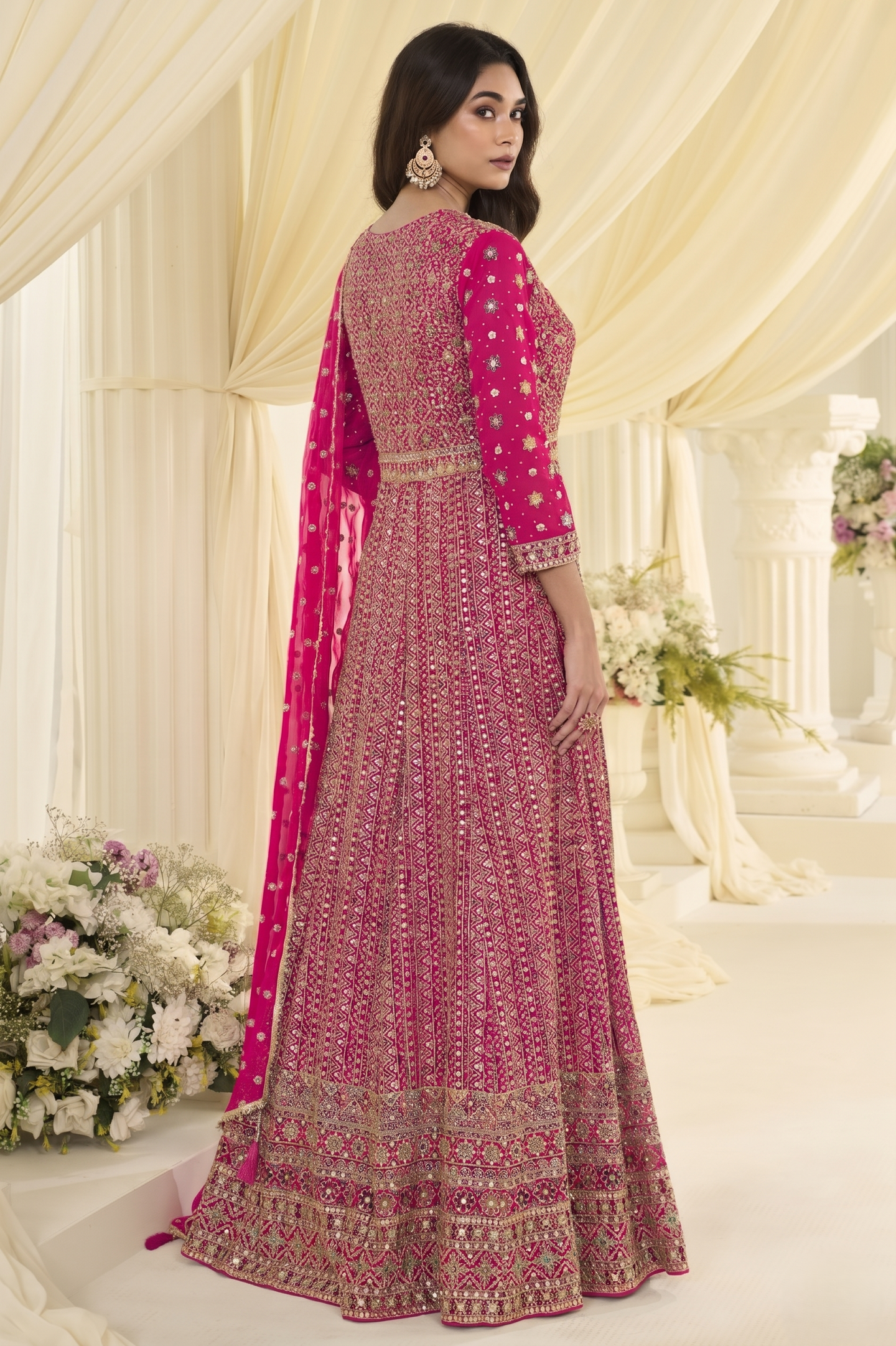 Magenta Georgette Anarkali Dress for Sangeet with Zari and Resham Embroidery