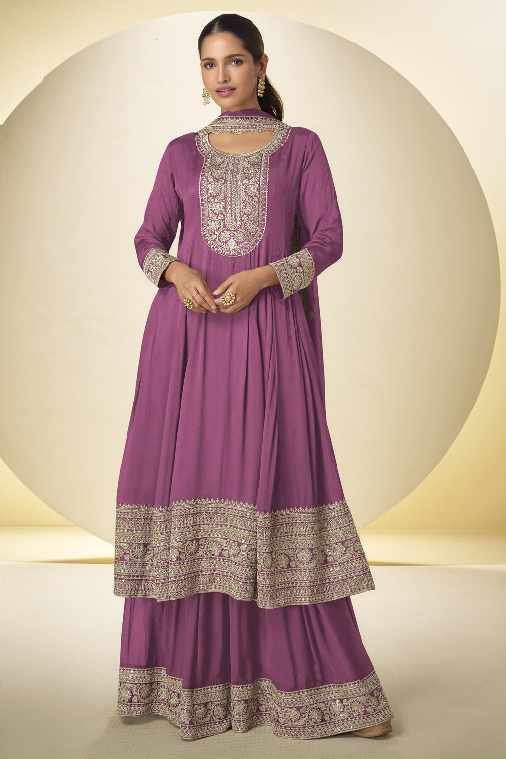 Magenta Chinon Silk Palazo Suit For Indian & Pakistani Wedding Festival - Thread & Sequins Embroidery Work