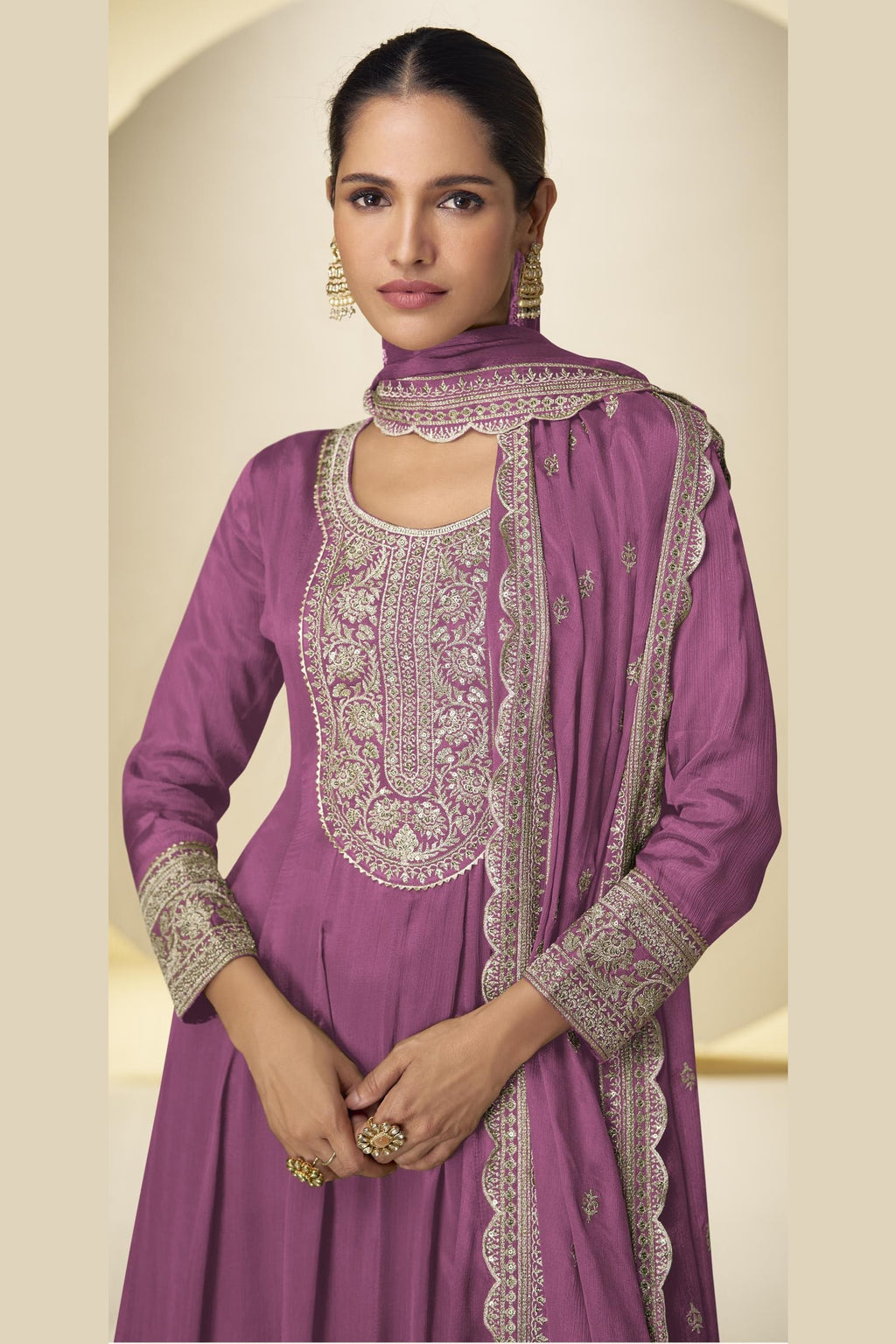 Magenta Chinon Silk Palazo Suit For Indian & Pakistani Wedding Festival - Thread & Sequins Embroidery Work