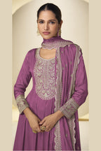 Magenta Chinon Silk Palazo Suit For Indian & Pakistani Wedding Festival - Thread & Sequins Embroidery Work