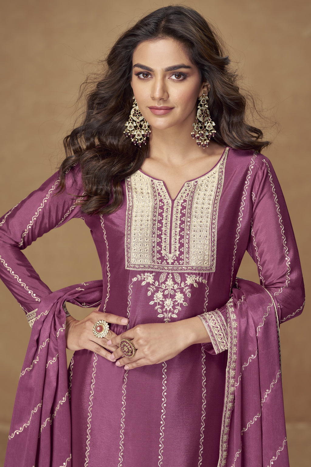 Magenta Chinon Silk Plazo Suit For Indian & Pakistani Wedding Festival - Thread Embroidery Work