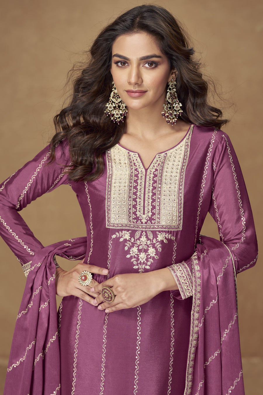 Magenta Chinon Silk Plazo Suit For Indian & Pakistani Wedding Festival - Thread Embroidery Work