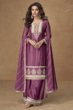 Magenta Chinon Silk Plazo Suit For Indian & Pakistani Wedding Festival - Thread Embroidery Work