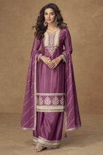 Magenta Chinon Silk Plazo Suit For Indian & Pakistani Wedding Festival - Thread Embroidery Work