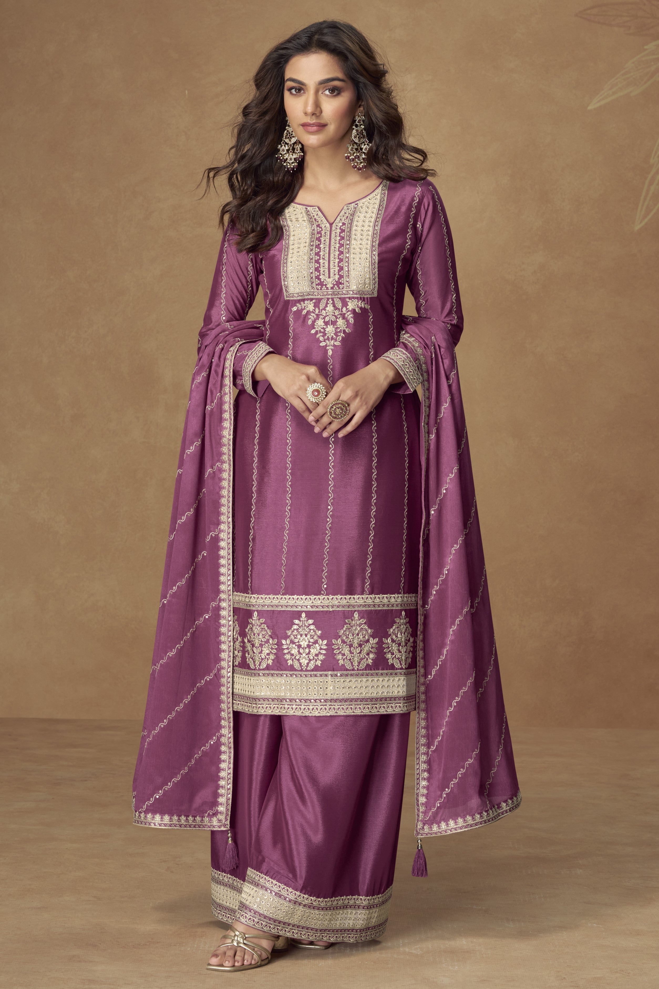 Magenta Chinon Silk Plazo Suit For Indian & Pakistani Wedding Festival - Thread Embroidery Work