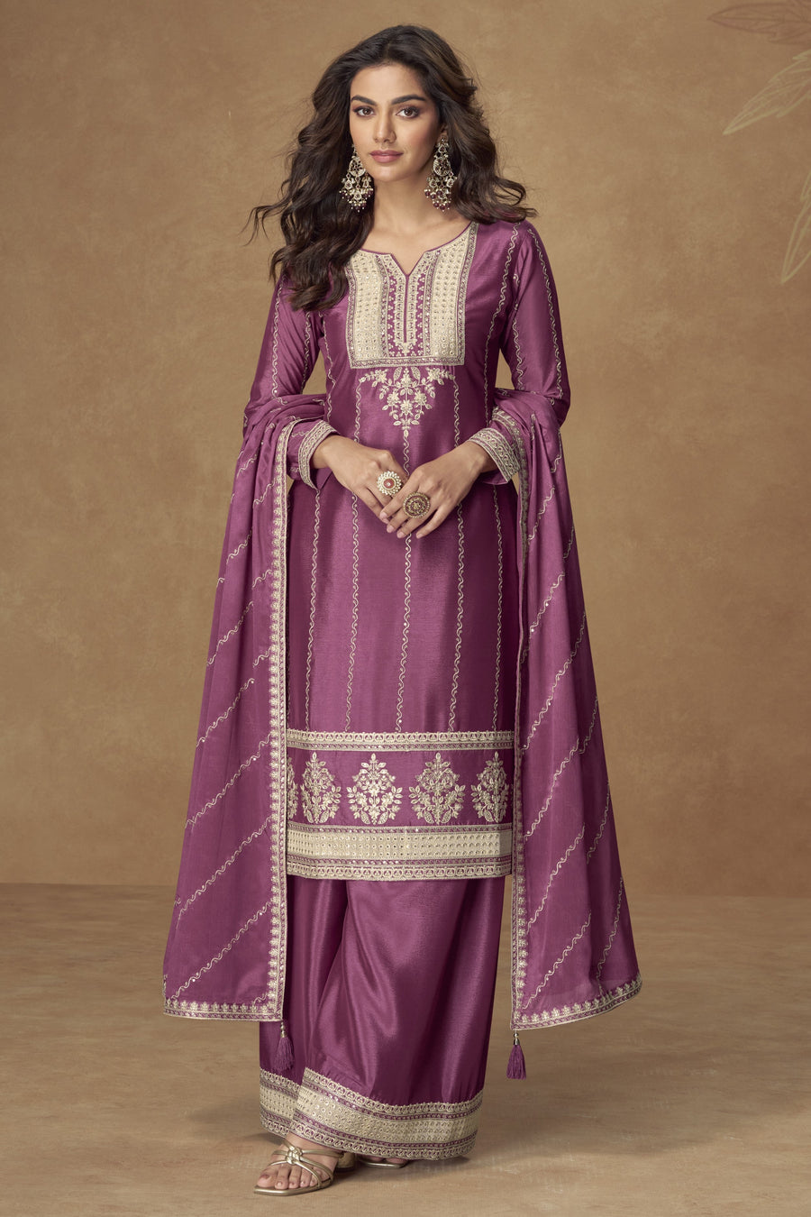 Magenta Chinon Silk Plazo Suit For Indian & Pakistani Wedding Festival - Thread Embroidery Work
