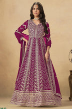 Magenta Georgette Anarkali Suit For Indian & Pakistani Wedding Festival - Thread & Sequins Embroidery Work