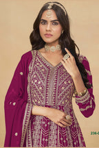 Magenta Georgette Anarkali Suit For Indian & Pakistani Wedding Festival - Thread & Sequins Embroidery Work
