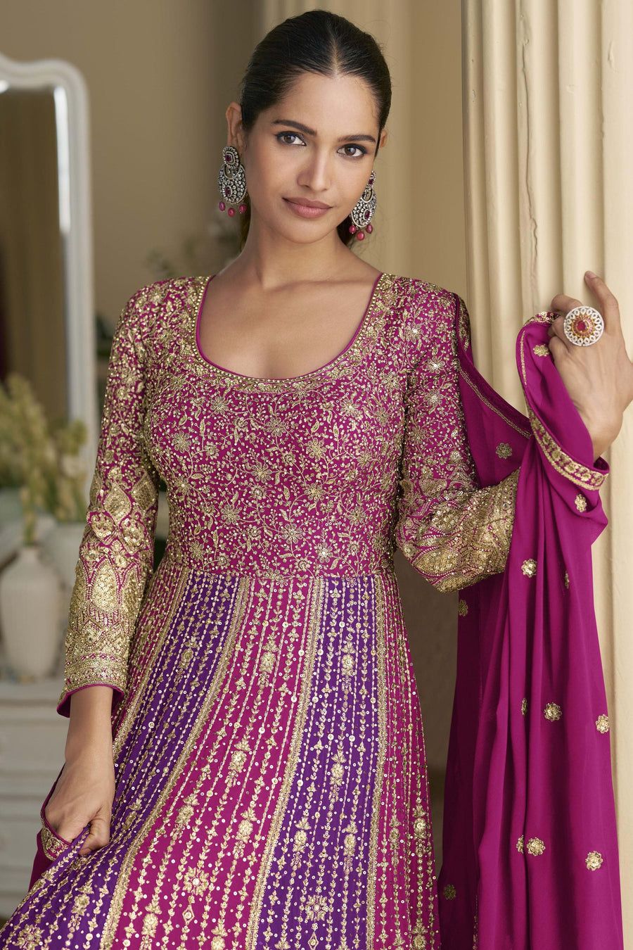Magenta  Georgette Anarkali Suit For Indian & Pakistani Wedding Festival - Sequins & Thread Embroidery Work