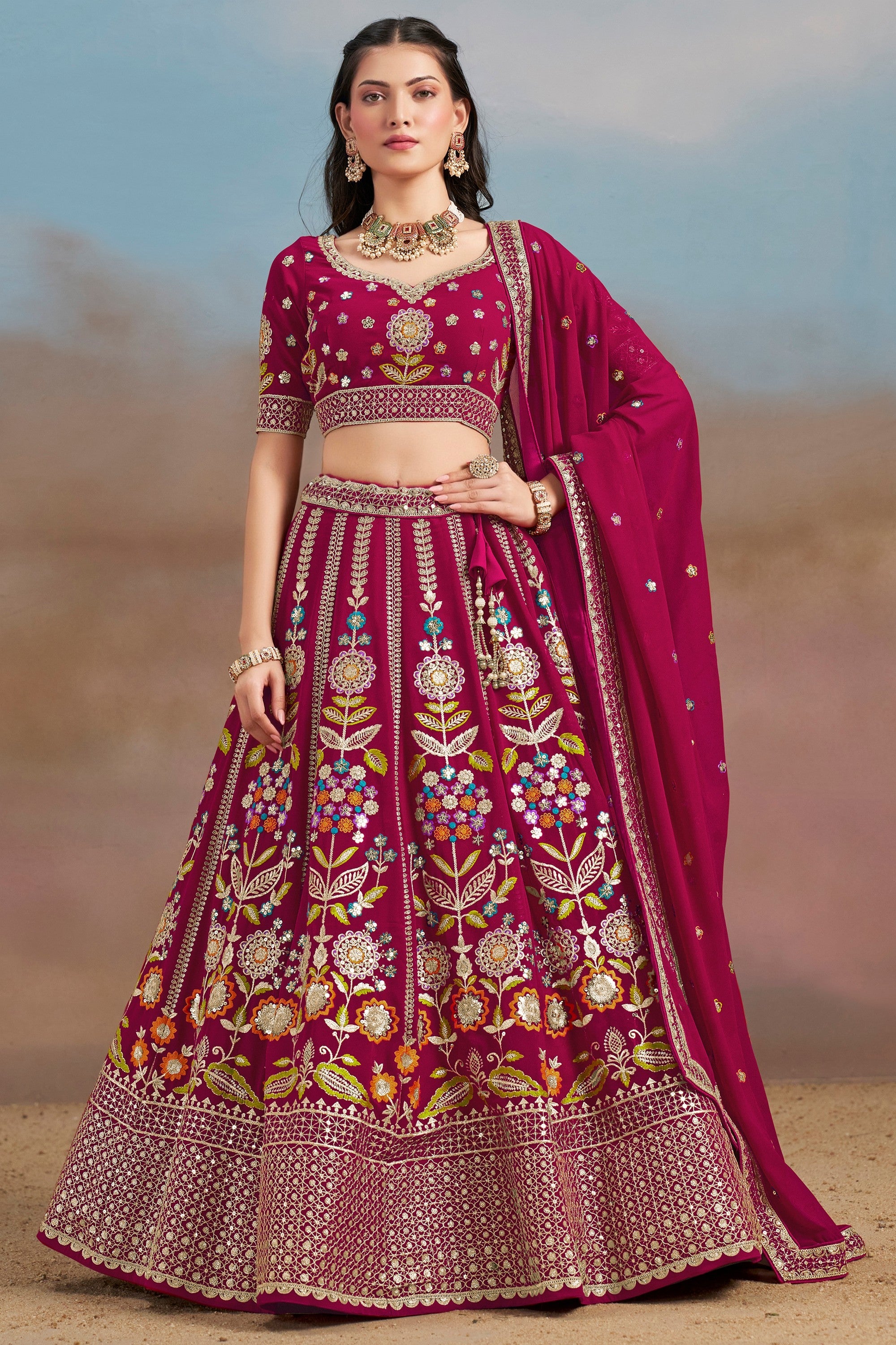 Magenta Georgette Lehenga Choli For Indian & Pakistani Wedding Festival - Zari Work, Resham Embroidery Work, Sequence Embroidery Work, Dori Work