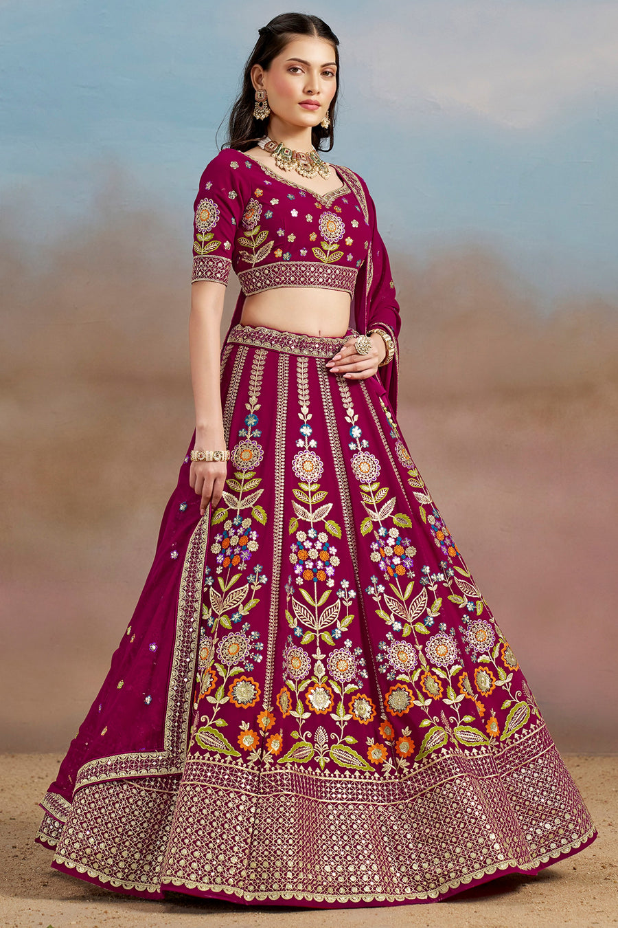 Magenta Georgette Lehenga Choli For Indian & Pakistani Wedding Festival - Zari Work, Resham Embroidery Work, Sequence Embroidery Work, Dori Work