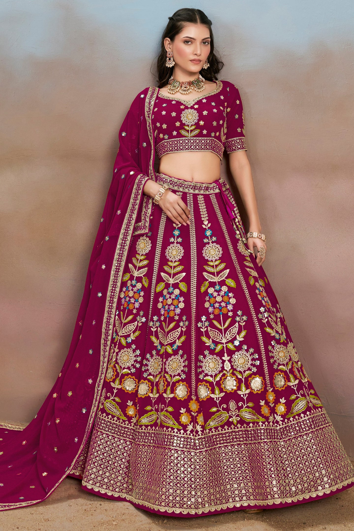 Magenta Georgette Lehenga Choli For Indian & Pakistani Wedding Festival - Zari Work, Resham Embroidery Work, Sequence Embroidery Work, Dori Work