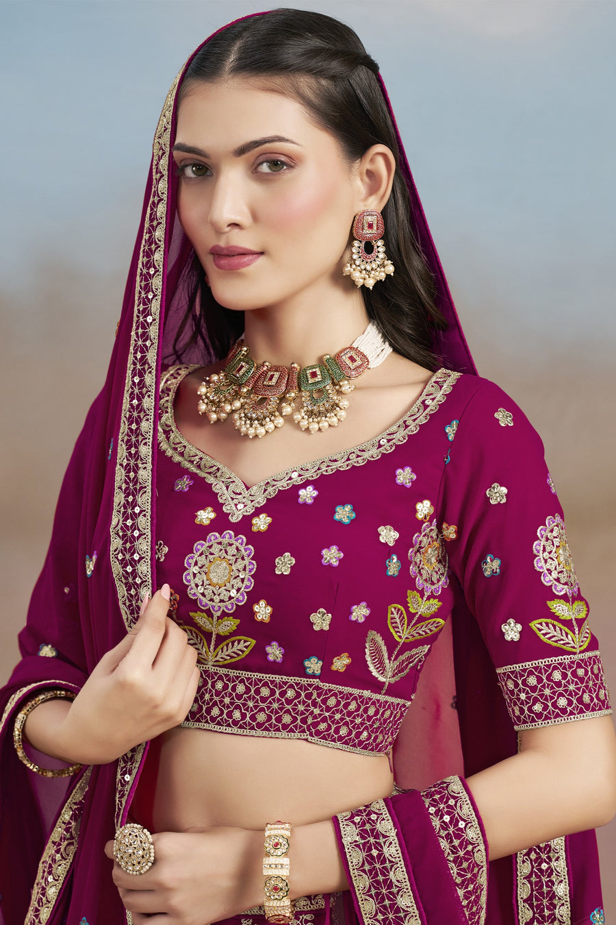 Magenta Georgette Lehenga Choli For Indian & Pakistani Wedding Festival - Zari Work, Resham Embroidery Work, Sequence Embroidery Work, Dori Work