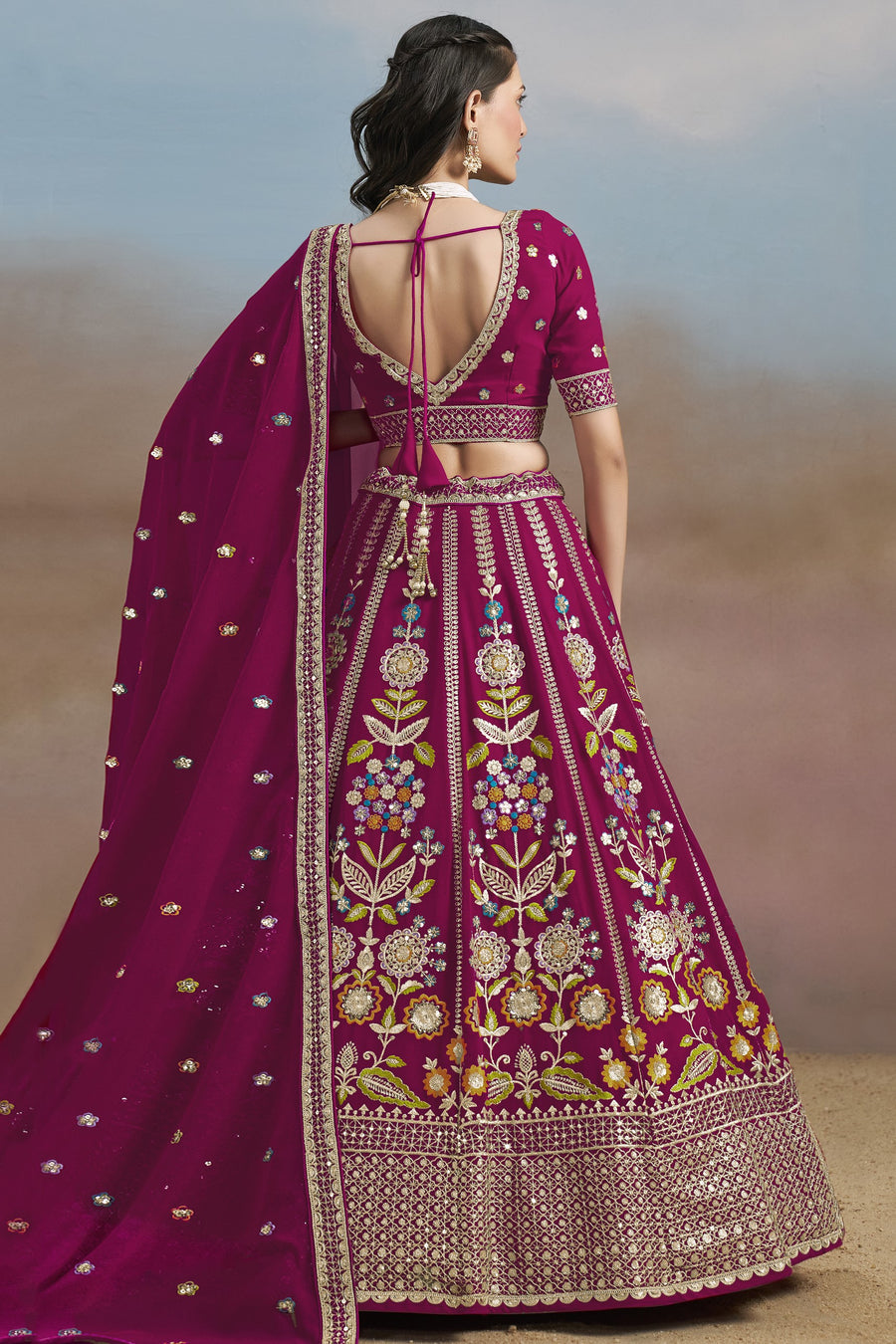 Magenta Georgette Lehenga Choli For Indian & Pakistani Wedding Festival - Zari Work, Resham Embroidery Work, Sequence Embroidery Work, Dori Work