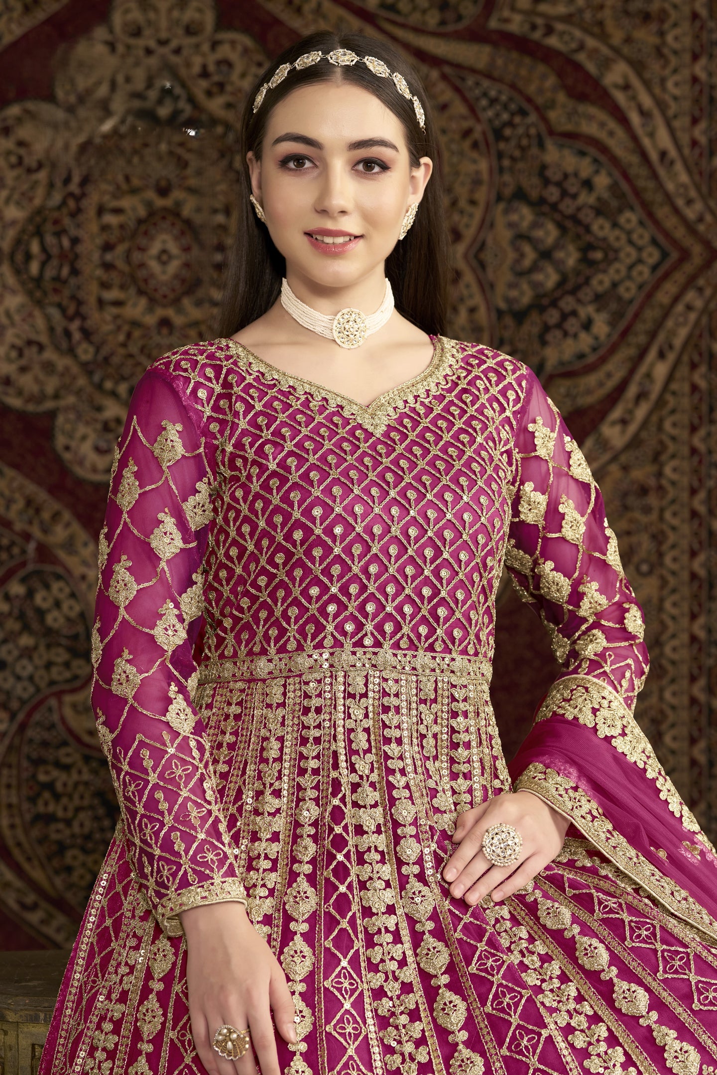Magenta Net Anarkali Suits for Wedding with Dori and Sequins Embroidery