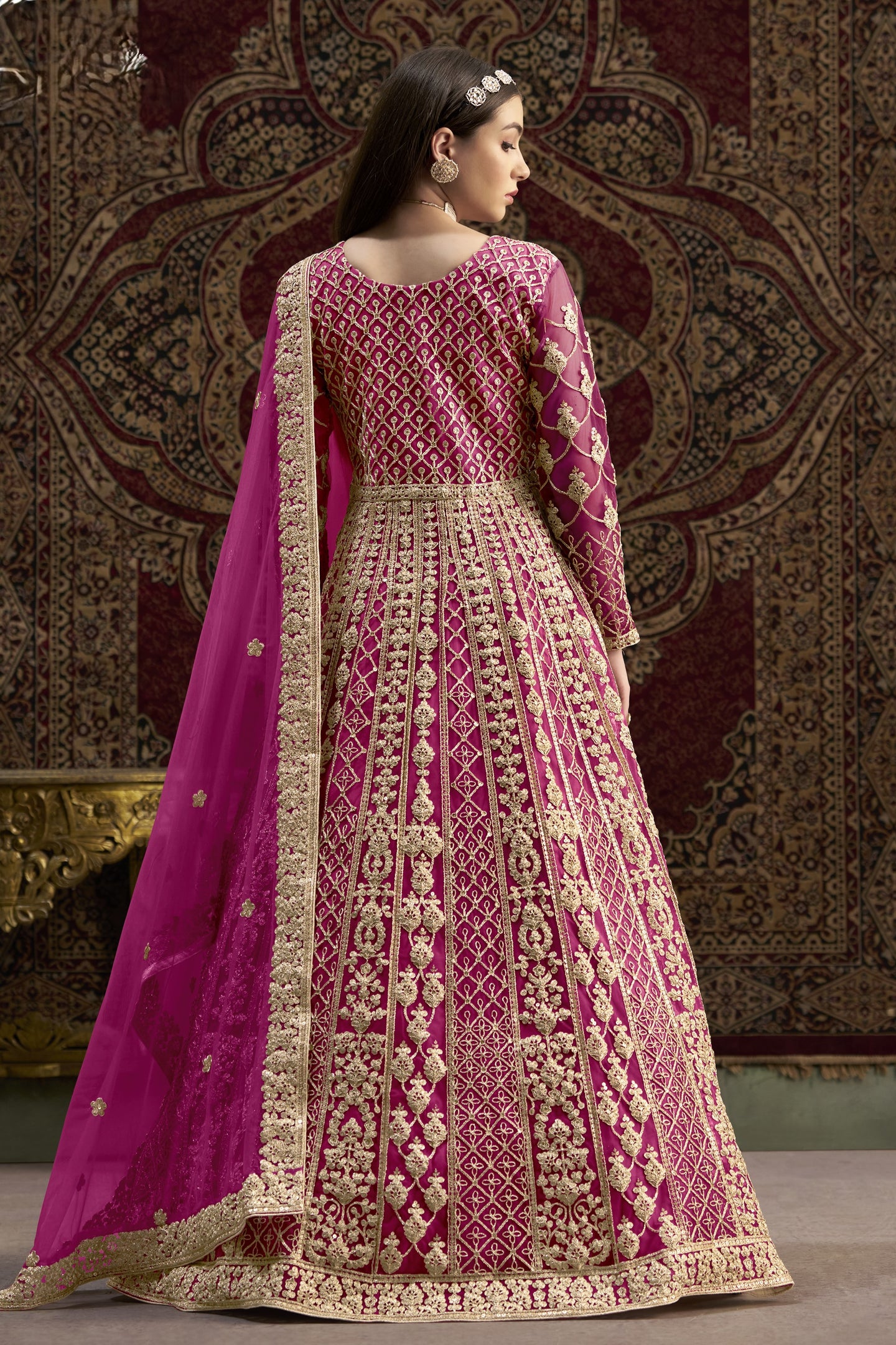 Magenta Net Anarkali Suits for Wedding with Dori and Sequins Embroidery