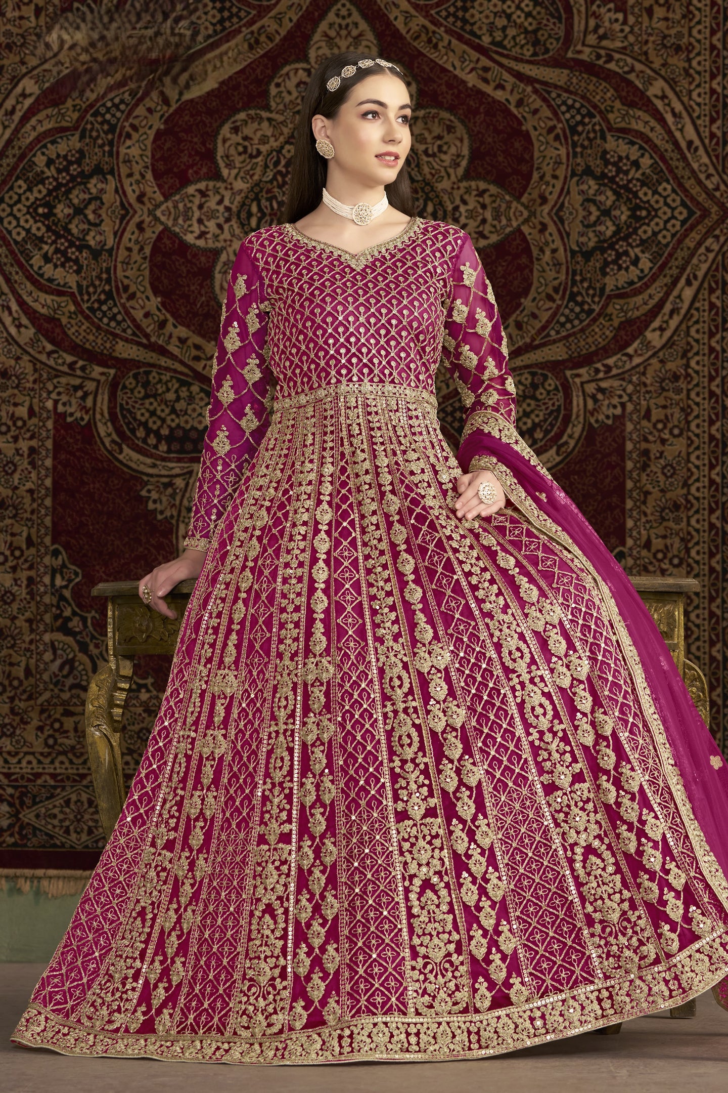 Magenta Net Anarkali Suits for Wedding with Dori and Sequins Embroidery