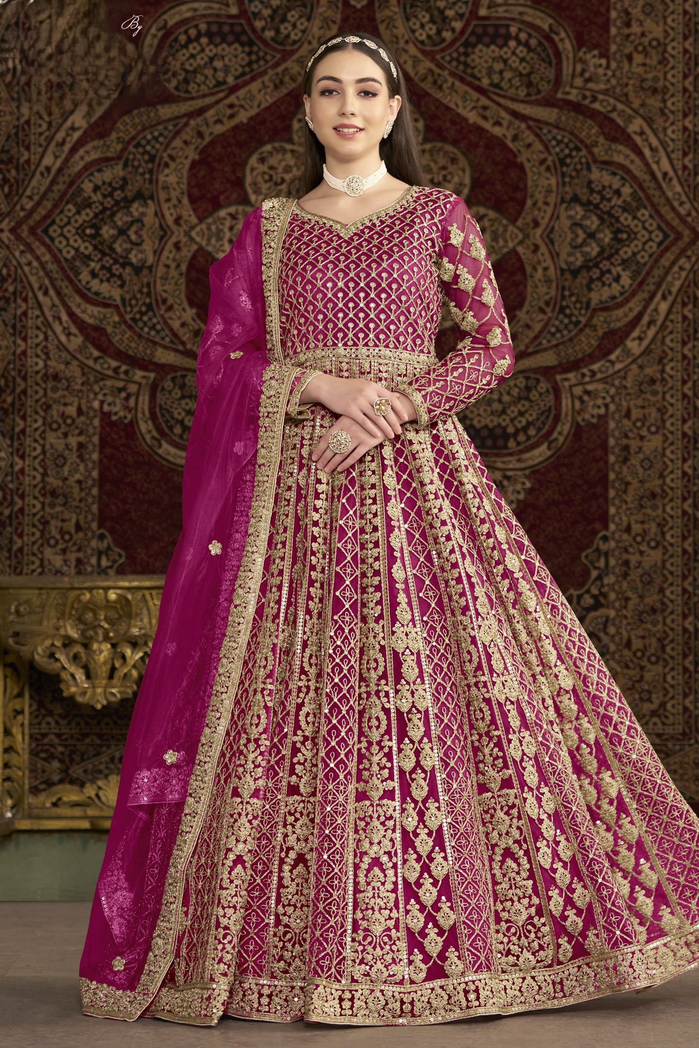 Magenta Net Anarkali Suits for Wedding with Dori and Sequins Embroidery