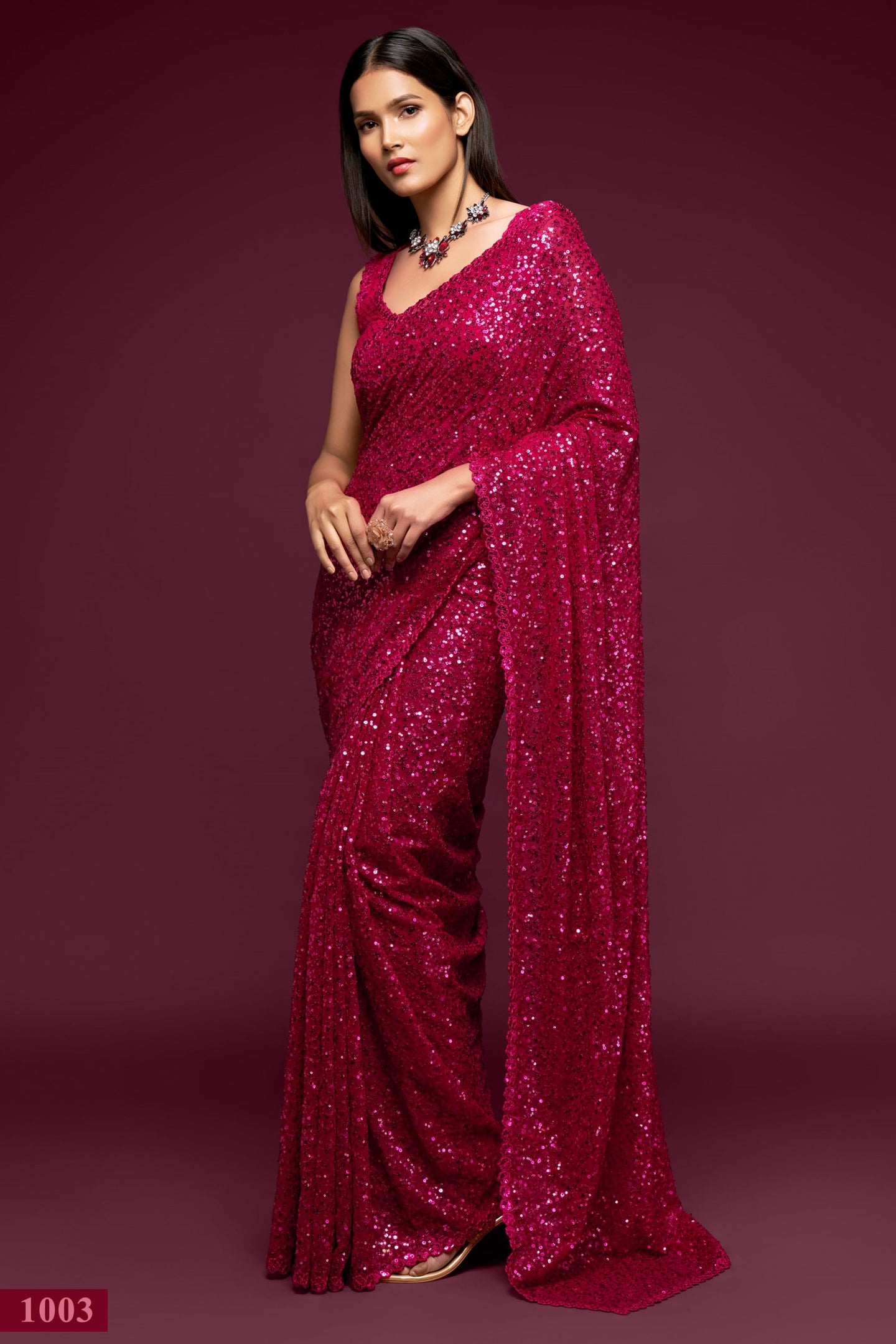 Magenta Georgette Party Wear Saree with Sequins Embroidery