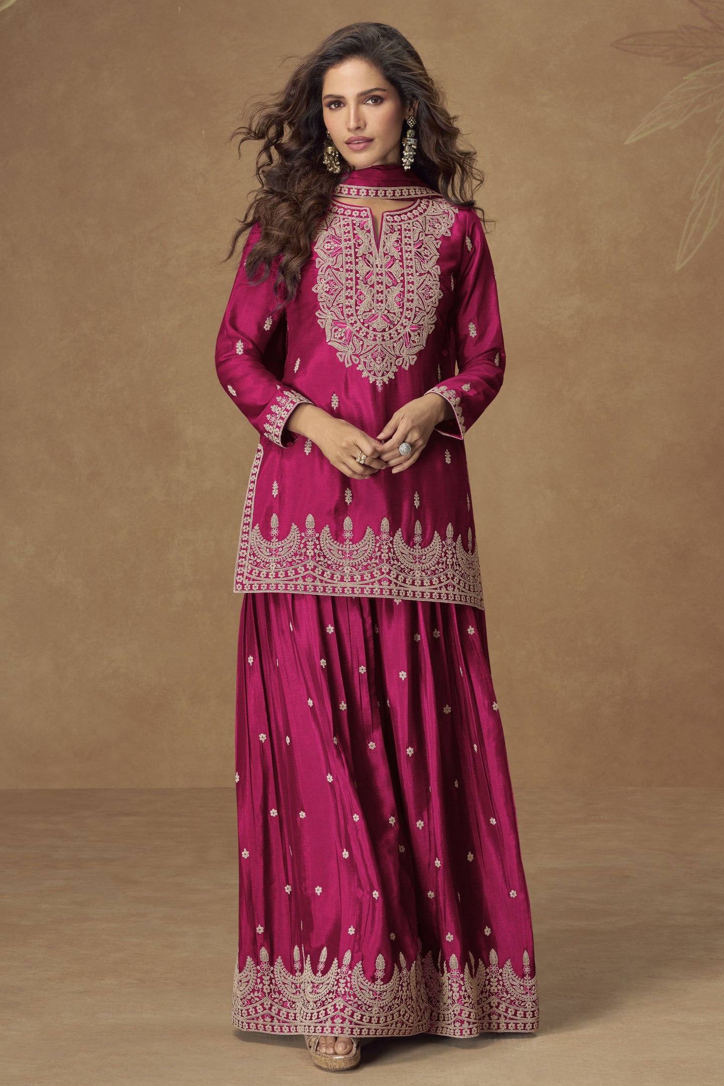 Magenta Chinon Silk Palazo Pakistani Suits Online USA with Sequins Embroidery