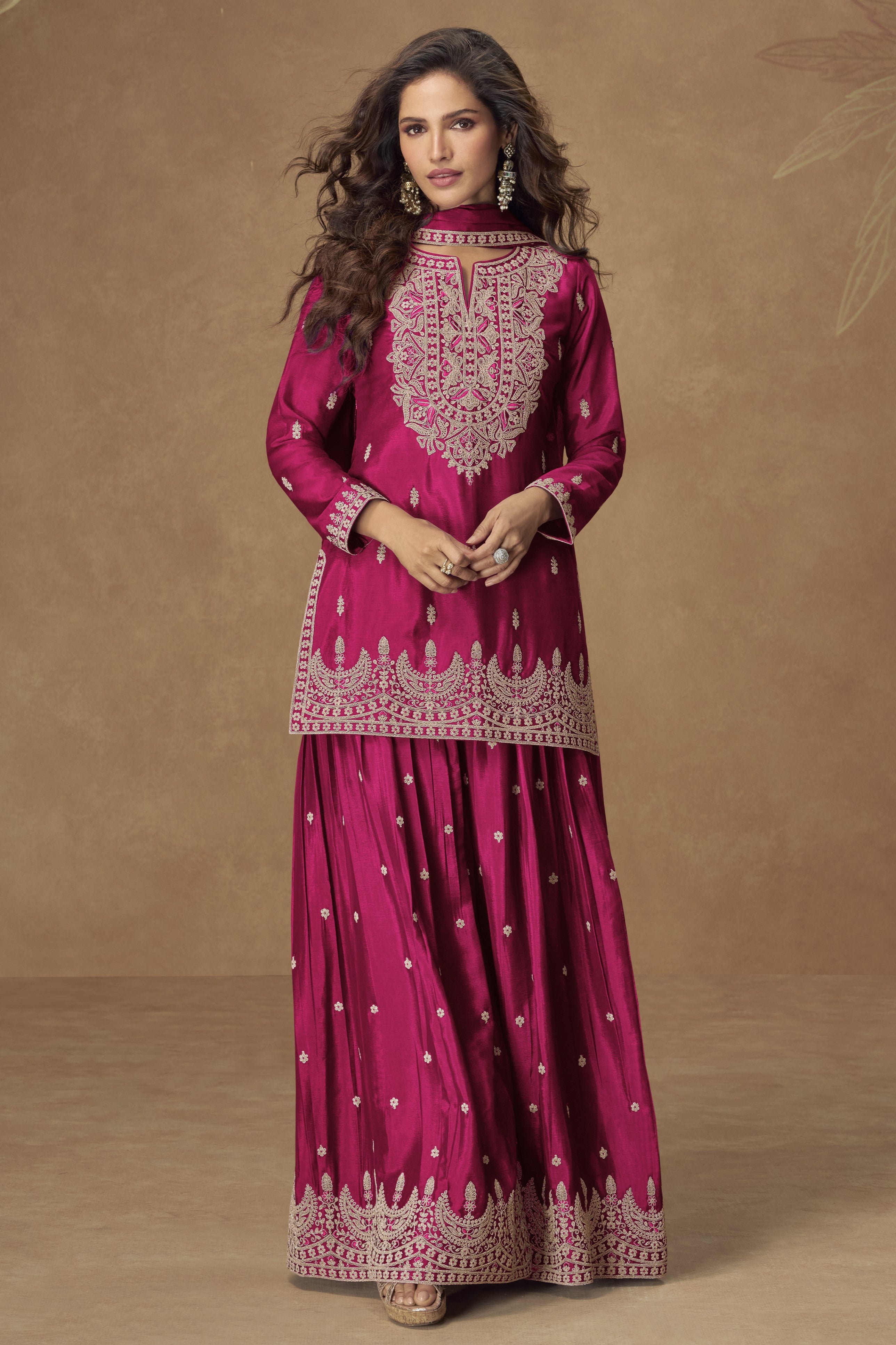 Magenta Chinon Silk Palazo Pakistani Suits Online USA with Sequins Embroidery