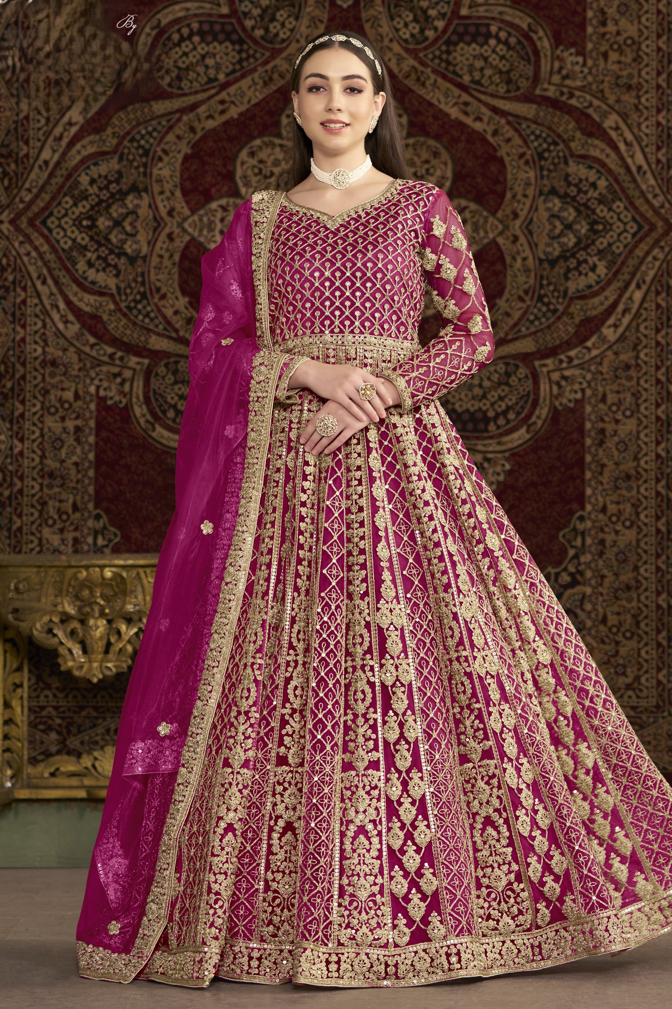 Magenta Net Anarkali Suits for Wedding with Dori and Sequins Embroidery