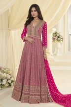 Magenta Georgette Anarkali Dress for Sangeet with Zari and Resham Embroidery