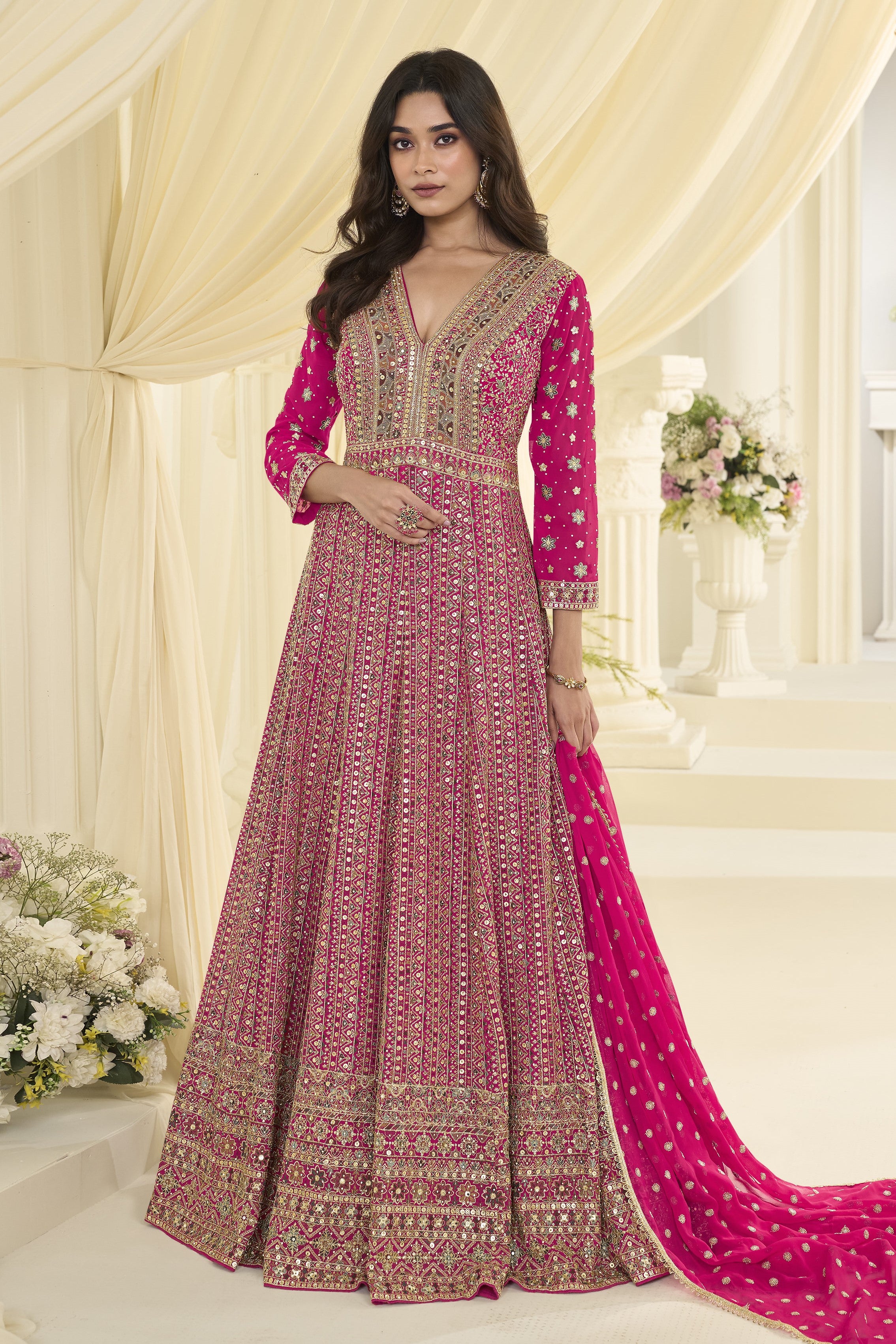 Magenta Georgette Anarkali Dress for Sangeet with Zari and Resham Embroidery